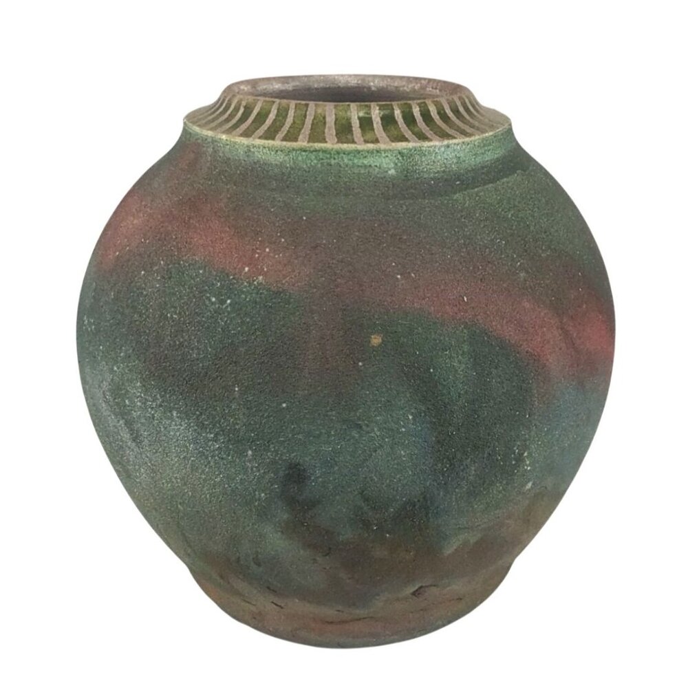 Raku Handcrafted Ceramic Vase With Earthy Green & Red Tones Jerome Gallery